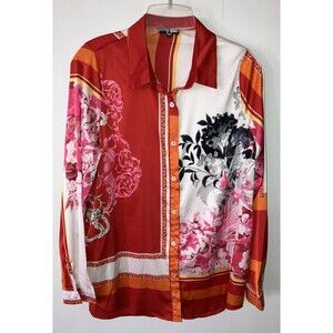 Fashion Nova Size Lg Baroque Royalty High Status Red, Multi Slinky Button Shirt